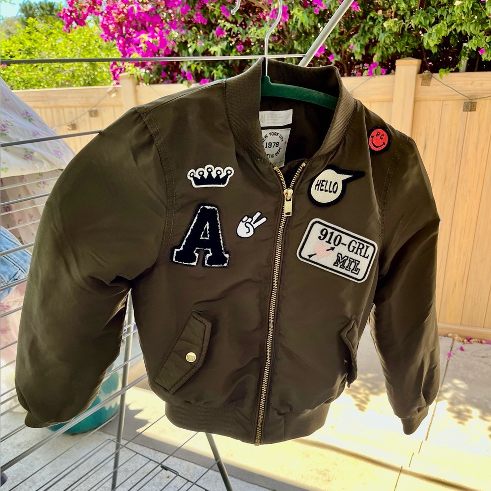 H&M Kids Olive Green Bomber Jacket with Patches tagged 6-9 yr